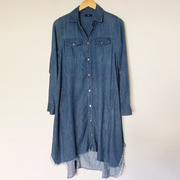 Ruti Chambray Denim Shirt Dress Hemp Organic Cotton Snap Button Frayed Hem Blue - Picture 3 of 16